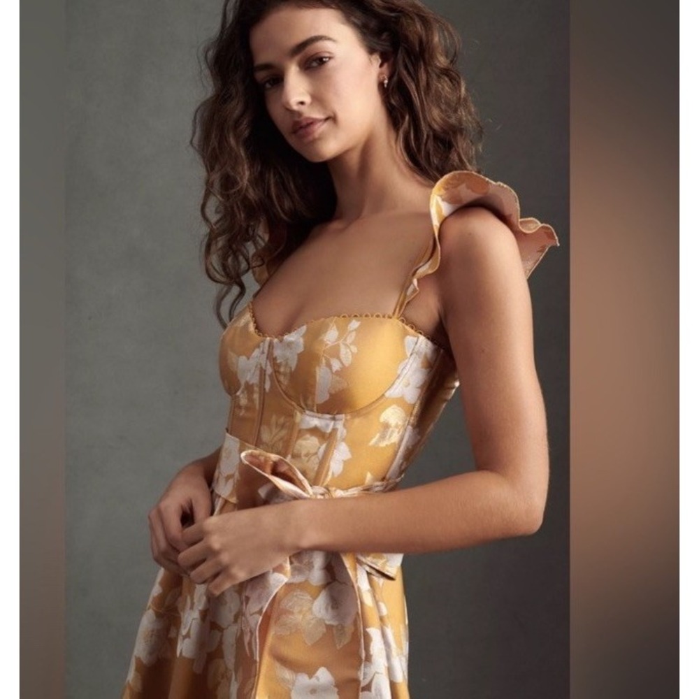 $525 Anthropologie V. Chapman Vera Ruffle Corset Slit Gold Dress Floral  10 Midi - Picture 13 of 15